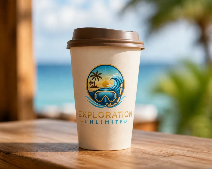 Exploration Unlimited branded takeaway coffee cup