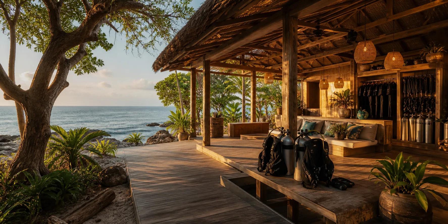Open-air tropical dive center with warm wooden textures and ocean view